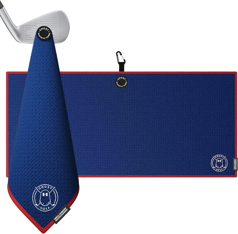 Ghost Golf Magnetic Towel (Caddie) - Premium Ultra-Absorbent Microfiber Golf Towel with Magnet for Golf Carts or Clubs - 18" x 40" Golfing Gear - Waffle Weave Pattern (Blue) - Image 1